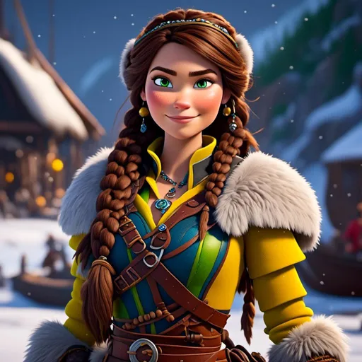 Prompt: <mymodel>CGI Animation, 20-year-old-old pirate woman, a snowy scene, {{yellow gear, blue armor}}, brunette hair, dreadlocks, subtle smile, beads hair, small red earrings, multiple braids, yellow gear, straight hair, green eyes, bracelets, rings on fingers, mercenary gear, unreal engine 8k octane, 3d lighting, full body, full armor