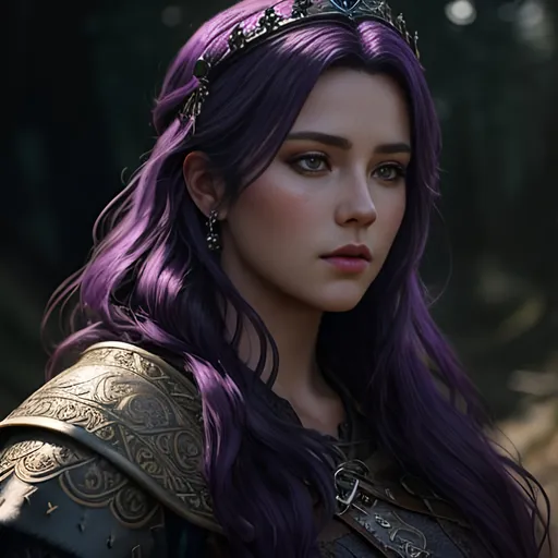 Prompt: create most beautiful fictional female viking princess with dark purple hair, another beautiful fictional female but with black hair, extremely detailed environment, detailed background, intricate, detailed skin, professionally color graded, photorealism, 8k, moody lighting