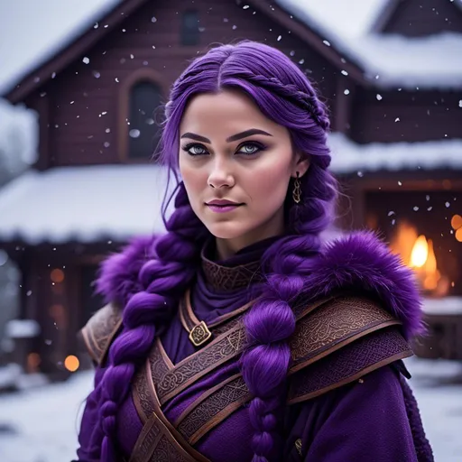 Prompt: Photo of <mymodel> she has a single braid down her shoulder with a heavy purple fur coat wearing a hood with a purple fur edge, she is in a viking village standing as snow falls