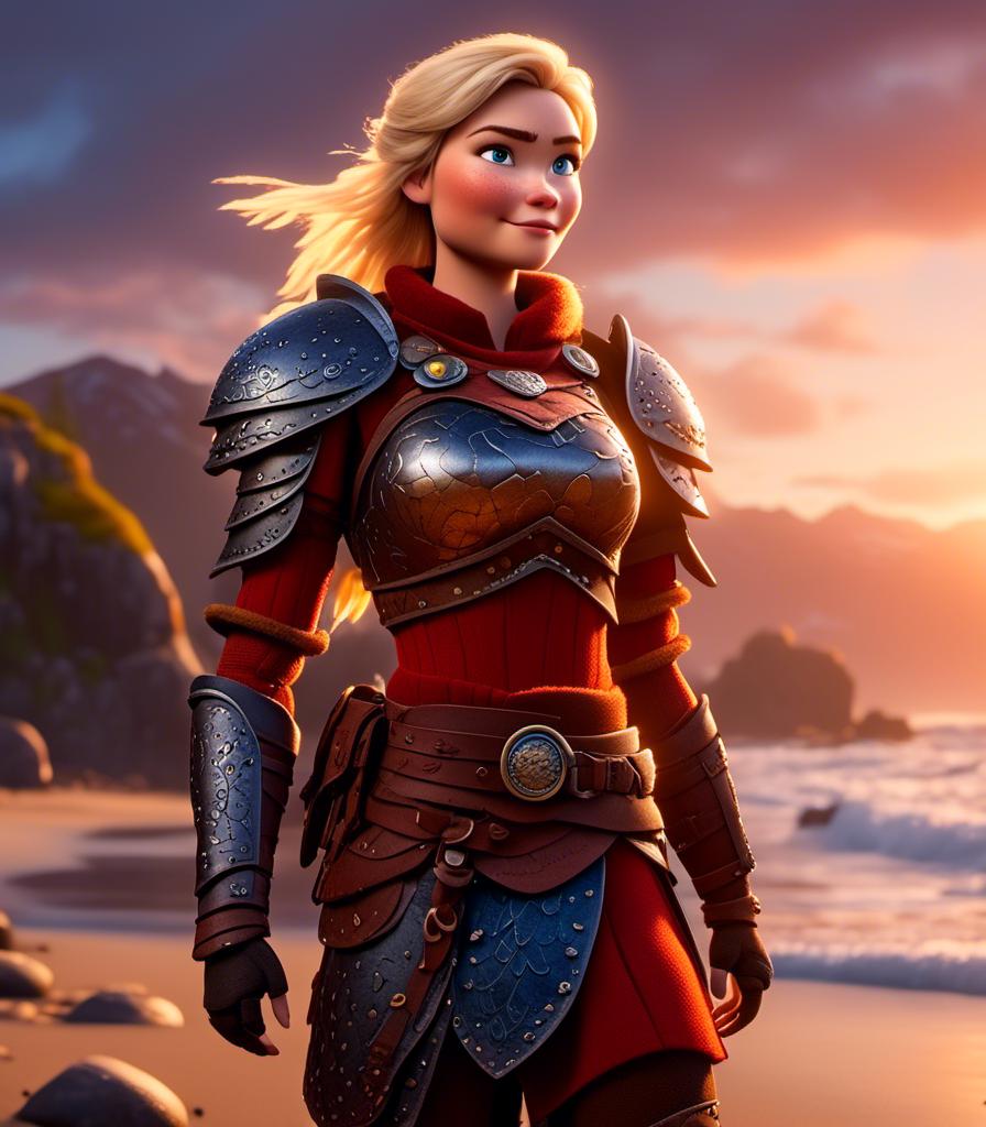 Prompt: <mymodel>CGI Animation, digital art, 20-year-old-old viking woman with light blue eyes standing around several hot springs on a beach, sunset lighting, blue clothes, blue colored armor, blonde straight hair, subtle smile, unreal engine 8k octane, 3d lighting, cinematic lighting, camera shot of full armor from head to toe