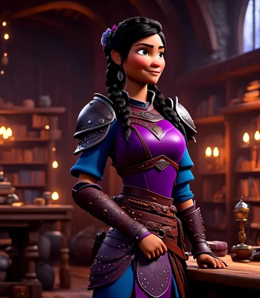 Prompt: <mymodel>CGI Animation, digital art, 20-year-old-old viking woman with light blue eyes, she is standing in her library, she is of royalty, {{black gear, purple armor}}, black hair with purple strands, single braid down her shoulder with a tiara, subtle smile, unreal engine 8k octane, 3d lighting, close up camera shot on the face, full armor