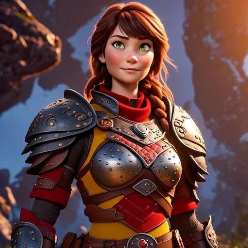 Prompt: <mymodel>CGI Animation of a viking female, brown hair, hazel eyes, bright red gear and armor, yellow highlights and textures, intricate details, high quality, digital painting, cool tones, dramatic lighting