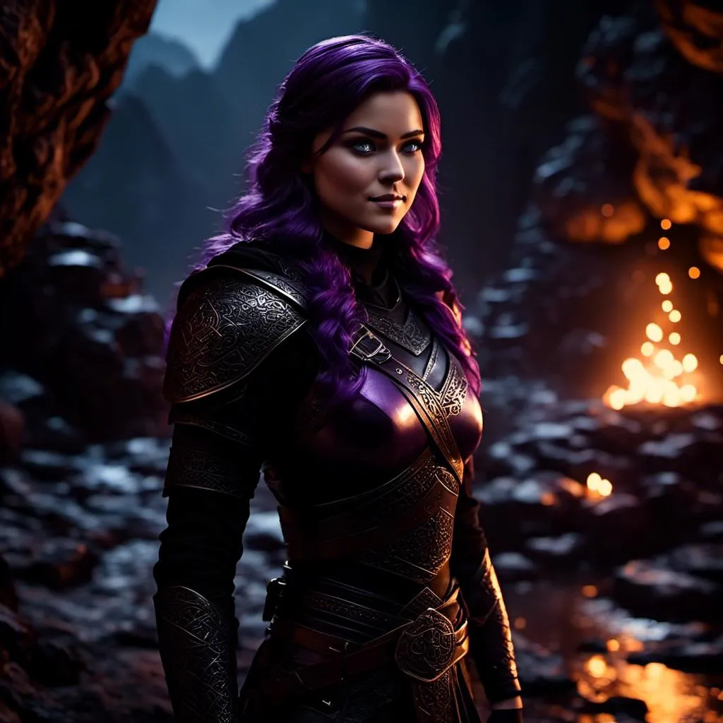 Prompt: <mymodel>25-year-old viking woman, subtle smile, light blue eyes, black gear, bright black armor, black textures and highlights, standing in the shadows of the a dark cave at night, short focus, blurry background, moonlit scene, unreal engine 8k octane, 3d lighting, full body, full armor