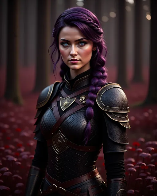 Prompt: <mymodel>25-year-old viking woman, standing in the dimly lit forest with red-leaved weeds, messy and dirty hair, single braid of hair down her shoulder, she has a mad expression, light blue eyes, dirty armor, black gear, bright black armor, black textures and highlights, with glowing lights, short focus, blurry background, unreal engine 8k octane, 3d lighting, full body, full armor