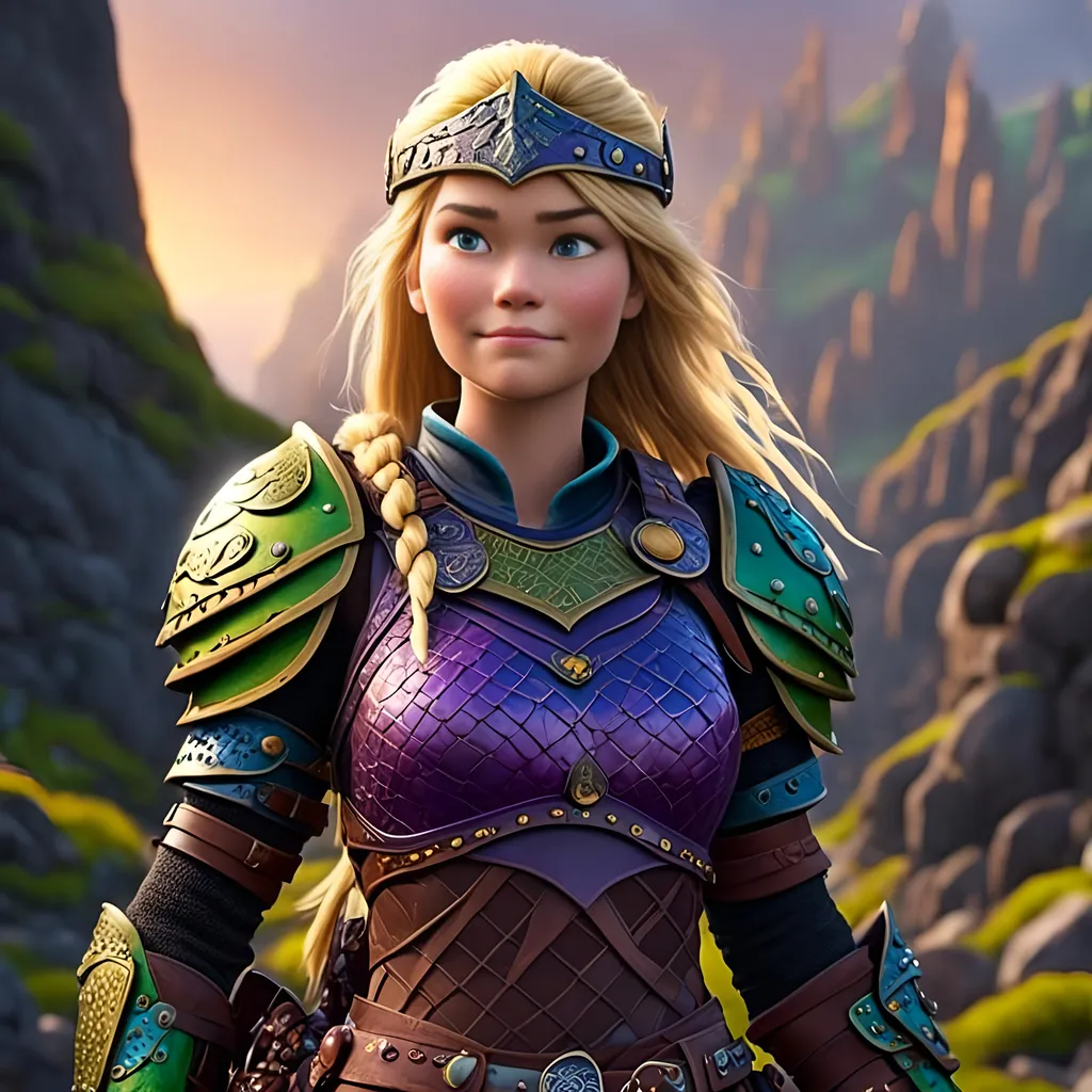 Prompt: <mymodel>CGI Animation of female viking, blonde straight hair a hairband, blue eyes, bright purple and green armor, yellow highlights dor gear and textures, full light body armor, standing in a viking village, intricate details, high quality, digital painting, cool tones, dramatic lighting
