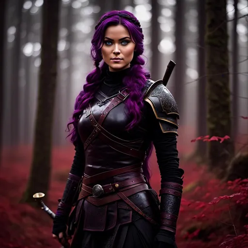 Prompt: <mymodel>25-year-old viking woman, standing in the dimly lit forest with red-leaved weeds, holding a sword, messy and dirty hair, single braid of hair down her shoulder, she has a mad expression, light blue eyes, dirty armor, black gear, bright black armor, black textures and highlights, with glowing lights, short focus, blurry background, unreal engine 8k octane, 3d lighting, full body, full armor