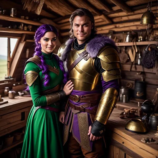 Prompt: Photo of <mymodel> standing in his hut with her husband Jarl Everson who has brown short wavy hair and green gear