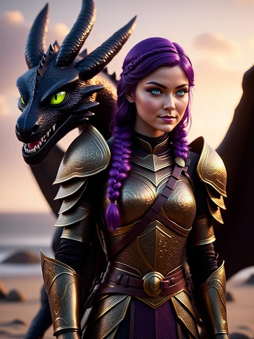 Prompt: <mymodel>CGI Animation, digital art, 20-year-old-old viking woman with light blue eyes, purple gear, gold armor, she is overjoyed, purple hair with purple strands, standing on the beach at sunset, single braid down her shoulder, she is standing next to her black dragon, unreal engine 16k octane, 3d lighting, full armor
