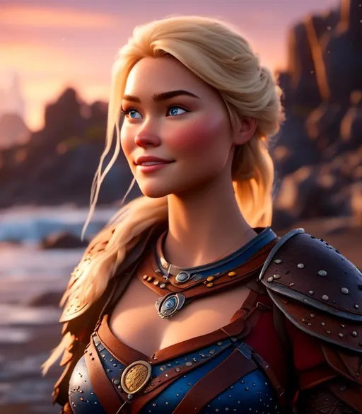 Prompt: <mymodel>CGI Animation, digital art, 20-year-old-old viking woman with blue eyes standing around several hot springs on a beach, sunset lighting, blue clothes, blue colored armor blonde straight hair, subtle smile, unreal engine 8k octane, 3d lighting, cinematic lighting, camera shot of full armor from head to toe