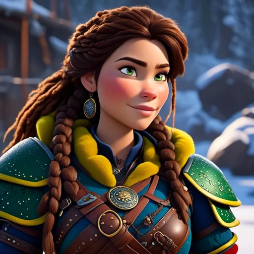 Prompt: <mymodel>CGI Animation, 20-year-old-old pirate woman, a snowy scene, {{yellow gear, blue armor}}, brunette hair, dreadlocks, subtle smile, beads hair, small red earrings, multiple braids, yellow gear, straight hair, green eyes, bracelets, rings on fingers, mercenary gear, unreal engine 8k octane, 3d lighting, full body, full armor