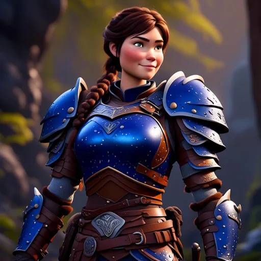 Prompt: <mymodel>Digital art, 18-year-old viking woman, subtle smile, cobalt blue gear, cobalt blue armor, brunette hair, two braids, dark brown eyes, unreal engine 8k octane, 3d lighting, full body, full armor