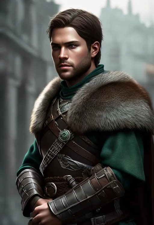 Prompt: he has short brown hair, create most handsome fictional male viking warrior, short brown hair, light green eyes, extremely detailed environment, detailed background, intricate, detailed skin, professionally color graded, photorealism, 16k, moody lighting
