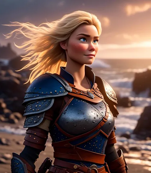 Prompt: <mymodel>CGI Animation, digital art, 20-year-old-old viking woman with blue eyes standing around several hot springs on a beach, ((blue clothes, blue colored armor,)) raging storm lighting, blonde straight hair, subtle smile, unreal engine 8k octane, 3d lighting, cinematic lighting, camera shot of full armor from head to toe