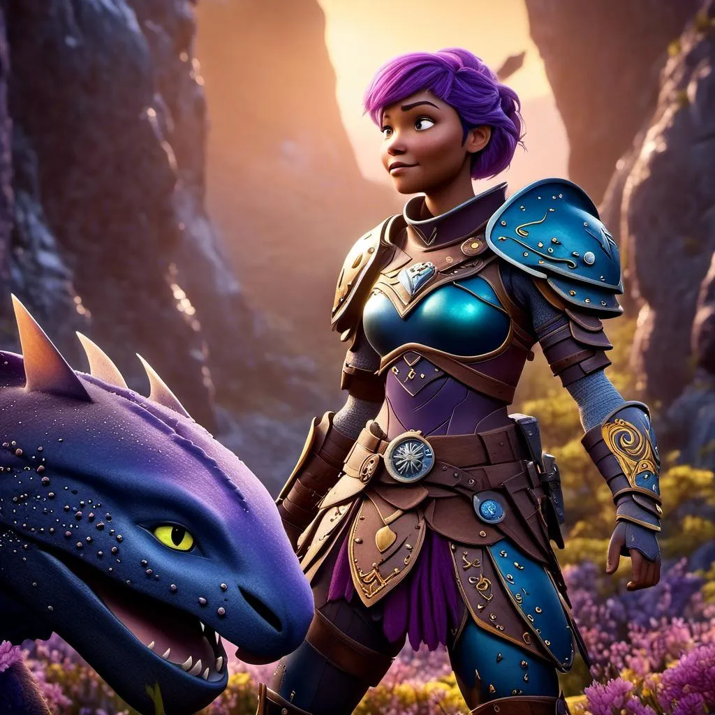 Prompt: <mymodel>CGI Animation of a viking female, purple hair, blue and yellow gear and armor, intricate details, high quality, digital painting, cool tones, dramatic lighting