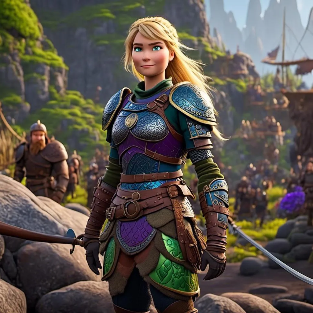 Prompt: <mymodel>CGI Animation of female viking, blonde straight hair a hairband, blue eyes, bright purple and green armor, yellow highlights dor gear and textures, full light body armor, standing in a viking village, intricate details, high quality, digital painting, cool tones, dramatic lighting