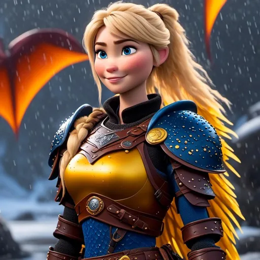 Prompt: <mymodel>CGi Animation, 20-year-old viking woman with blue eyes, a rainy scene, she is standing next to a bright blue dragon with gold highlights, they are both in the rain, the viking woman has a subtle smile, blonde hair in a pony tail style, she has blue gear, gold armor, black pants, black boots, unreal engine 8k octane, 3d lighting, full body, full armor