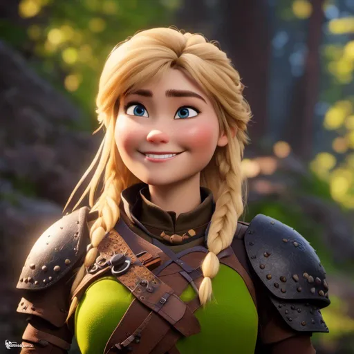 Prompt: <mymodel>CGi Animation, 20-year-old viking woman with one hair braid, subtle smile, blonde hair, blue eyes, green gear, green armor, yellow clothes, yellow textures and highlights, unreal engine 8k octane, 3d lighting, full body, full armor