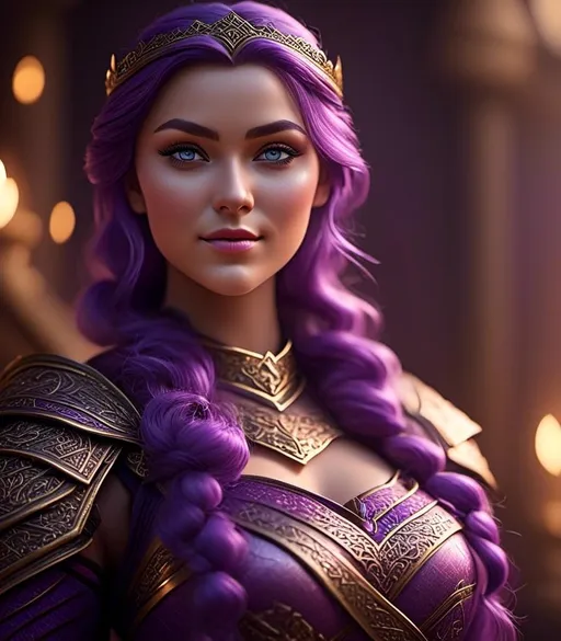 Prompt: <mymodel>CGI Animation, digital art, 20-year-old-old viking woman with light blue eyes, she is overjoyed, purple hair with purple strands, she is standing on a grand stair case, single braid down her shoulder with a tiara, unreal engine 8k octane, 3d lighting, close up camera shot on the face, full armor