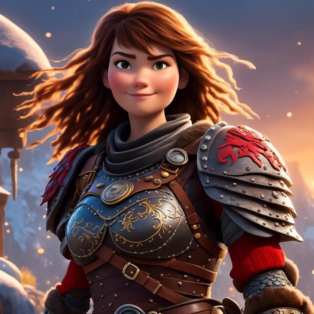 Prompt: <mymodel>CGI Animation of a viking female, brown hair in her face, hazel eyes, bright red gear and armor, she has heavy gauntlets on her hands with armored gloves, yellow highlights and textures, standing in a viking village, intricate details, high quality, digital painting, cool tones, dramatic lighting