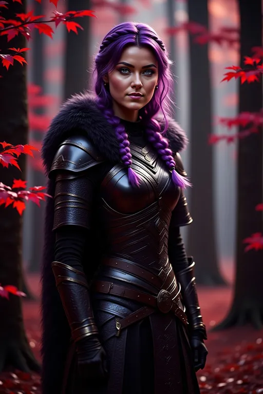 Prompt: @C72u67yvJzRwgpKerHtg standing in the dimly lit forest with many detailed red leaves on the tree branches in foreground and background, messy and dirty hair, single braid of hair down her shoulder, she has a mad expression, light blue eyes, dirty armor, purple gear, bright black armor, black textures and highlights, with glowing lights, short focus, blurry background, unreal engine 8k octane, 3d lighting, full body, full armor