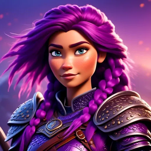 Prompt: <mymodel>a female viking warrior with purple hair, light blue eyes, single braid down shoulder, adorned in regal purple armor, fierce and determined expression, cool tones, dramatic lighting, intricate detailing