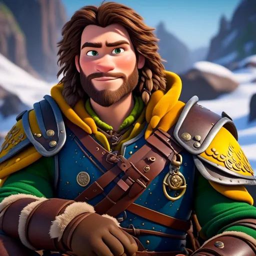 Prompt: <mymodel>CGI Animation, 20-year-old-old pirate man, sitting on a snow bank, a snowy scene, {{yellow gear, blue armor}}, brunette hair, dreadlocks, subtle smile, beads hair, small red earrings, multiple braids, yellow gear, straight hair, green eyes, bracelets, rings on fingers, mercenary gear, unreal engine 8k octane, 3d lighting, close up camera shot on the face, full armor