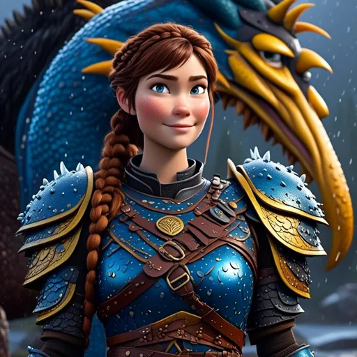 Prompt: <mymodel>CGi Animation, 20-year-old viking woman with blue eyes, a rainy scene, she is standing next to a bright blue dragon with gold highlights, they are both in the rain, the viking woman has a subtle smile, brown hair with two pigtail braids, she has blue gear, gold armor, black pants, black boots