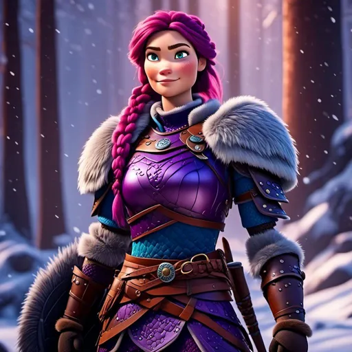 Prompt: <mymodel>a female viking warrior with purple hair standing in a snowy forest, light blue eyes, single braid down shoulder, purple armor, subtle smile, full body, cool tones, dramatic lighting, simple details