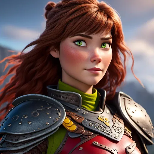 Prompt: <mymodel>CGI Animation of a viking female, brown hair, green eyes, bright red gear and armor, yellow highlights and textures, intricate details, high quality, digital painting, cool tones, dramatic lighting