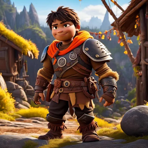 Prompt: <mymodel>CGI Animation of a viking male, light and small body build, young looks, black short spiky hair, brown eyes, bright orange simple gear, yellow highlights and textures, full body picture, standing in a viking village, intricate details, high quality, digital painting, bright energetic tones, dramatic lighting