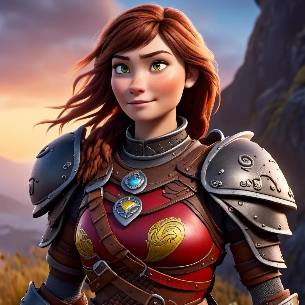 Prompt: <mymodel>CGI Animation of a viking female, brown hair, hazel eyes, bright red gear and armor, yellow highlights and textures, intricate details, high quality, digital painting, cool tones, dramatic lighting