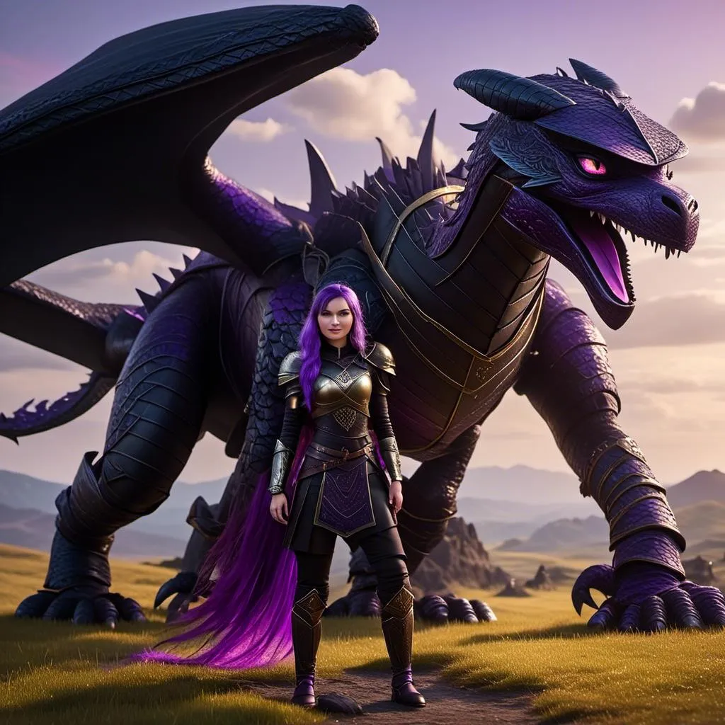 Prompt: Photo of <mymodel> standing next to her ((black)) razorwhip dragon from "How to Train Your Dragon"