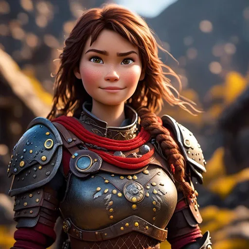 Prompt: <mymodel>CGI Animation of a viking female, brown hair in her face, hazel eyes, bright red gear and light armor, yellow highlights and textures, full light body armor, she has heavy gauntlets on her hands with armored gloves, standing in a viking village, intricate details, high quality, digital painting, cool tones, dramatic lighting