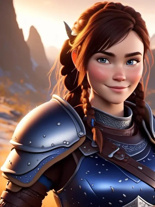 Prompt: <mymodel>Digital art, 18-year-old viking woman, subtle smile, cobalt blue gear, cobalt blue armor, brunette hair, two braids, dark brown eyes, unreal engine 8k octane, 3d lighting, full body, full armor