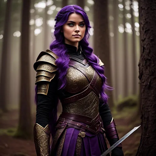 Prompt: Photo of <mymodel> with an intense look with her sword, she is standing in the forest