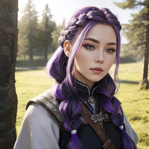 Prompt: a photo of <mymodel>, a viking female, purple hair in a single braid, age of 25-years-old