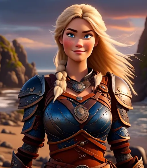 Prompt: <mymodel>CGI Animation, digital art, 20-year-old-old viking woman with blue eyes standing around several hot springs on a beach, sunset lighting, blue clothes, blue colored armor blonde straight hair, subtle smile, unreal engine 8k octane, 3d lighting, cinematic lighting, camera shot of full armor from head to toe