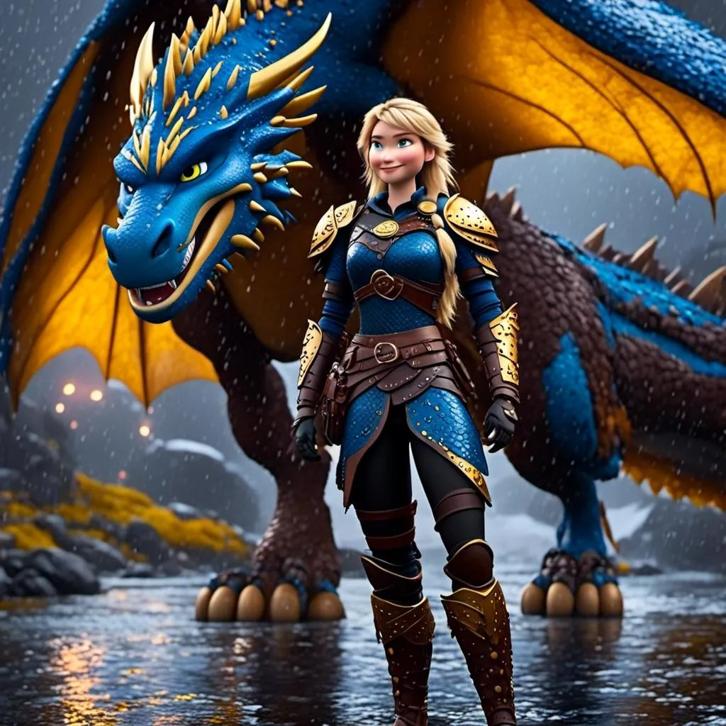 Prompt: <mymodel>CGi Animation, 20-year-old viking woman with blue eyes, a rainy scene, she is standing next to a bright blue dragon with gold highlights, they are both in the rain, the viking woman has a subtle smile, blonde hair, she has blue gear, gold armor, black pants, black boots, unreal engine 8k octane, 3d lighting, full body, full armor