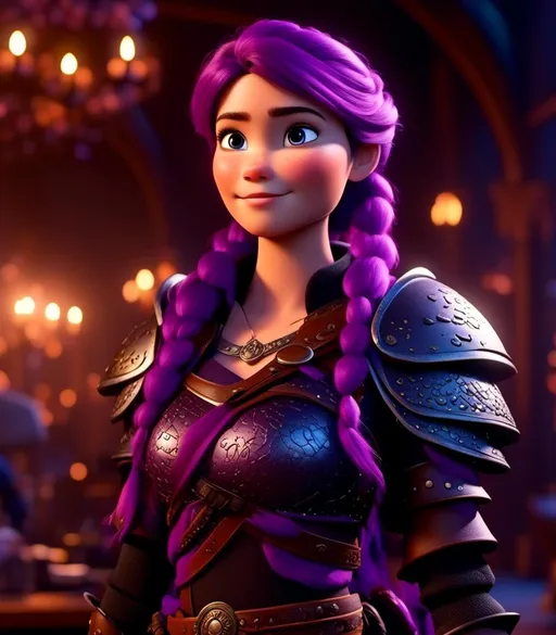 Prompt: <mymodel>CGI Animation, digital art, 20-year-old-old viking woman with light blue eyes, she is standing in her library, she is of royalty, {{black gear, purple armor}}, purple hair, single braid down her shoulder with a tiara, subtle smile, unreal engine 8k octane, 3d lighting, close up camera shot on the face, full armor