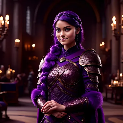 Prompt: A photo of <mymodel> with a heavy purple fur tunic in The Great Hall from How to Train Your Dragon, ((she has a single hair braid down her shoulder))