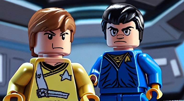 Prompt: Lego Captain Kirk from Star Trek on the bridge of the Enterprise along with Lego Spock