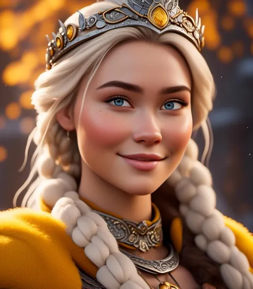 Prompt: <mymodel>CGI Animation, digital art, 20-year-old-old viking woman with light blue eyes, yellow clothes, gold colored armor, white hair, double braids down her shoulders with a tiara, subtle smile, unreal engine 8k octane, 3d lighting, close up camera shot on the face, full armor