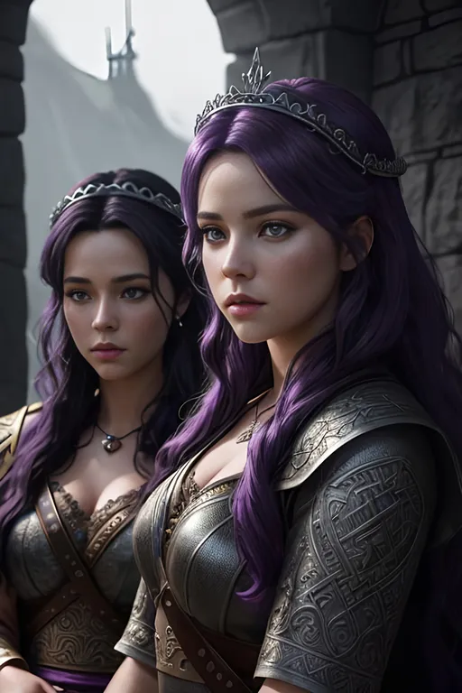 Prompt: create 2 of the most beautiful fictional female viking princesses one with dark purple hair and the other with black hair, an extremely detailed environment, detailed background, intricate, detailed skin, professionally color graded, photorealism, 8k, moody lighting