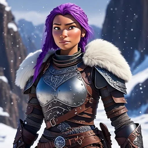 Prompt: <mymodel>animated CGI style, caucasian white, purple hair, viking female warrior, detailed braided hair and battle scars, rugged and weathered armor, intense and determined gaze, snowy and rugged landscape, fierce, warrior, detailed hair, battle scars, snowy landscape, intense gaze, weathered armor, dramatic lighting