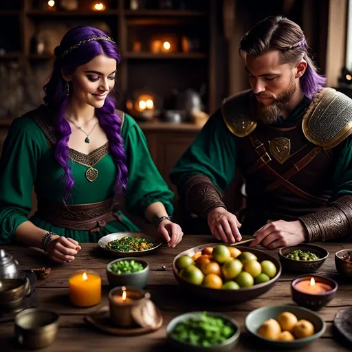 Prompt: Photo of a young <mymodel> setting the supper table with her husband a young Jarl Mollerson with green clothes short brown hair and no beard in their viking house