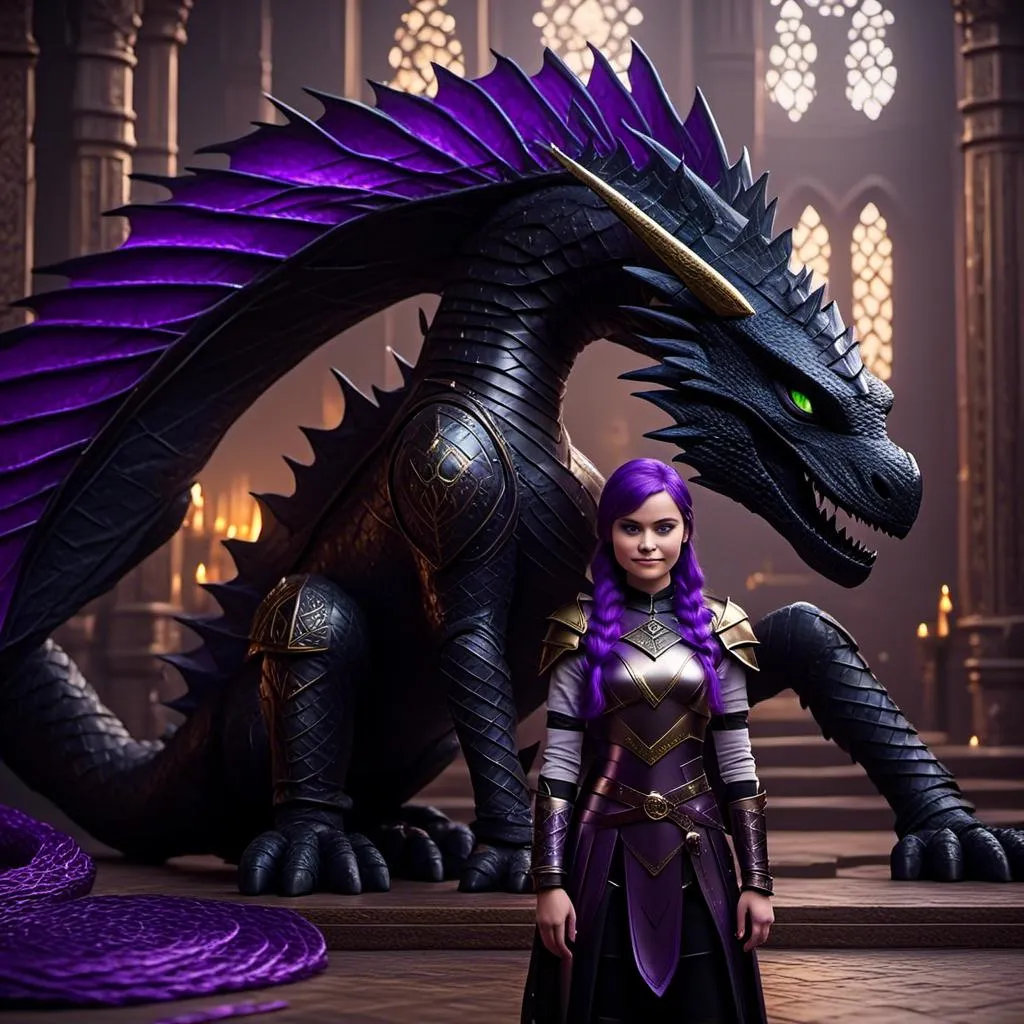 Prompt: Photo of <mymodel> standing next to her ((black)) razorwhip dragon from "How to Train Your Dragon"