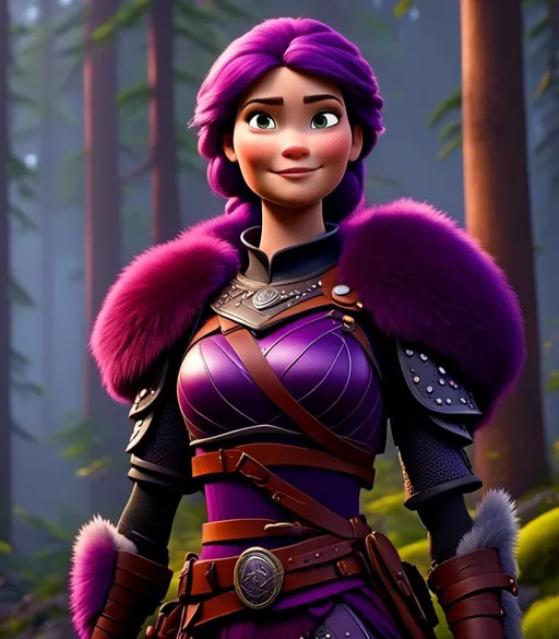 Prompt: <mymodel>CGI Animation, digital art, 20-year-old-old viking woman of royalty standing in a dimly lit thick forest with trees everywhere, dense fog, light blue eyes, {{black gear, purple armor}}, purple hair, single braid down her shoulder with a tiara, subtle smile, unreal engine 8k octane, 3d lighting, close up camera shot on the face, full armor