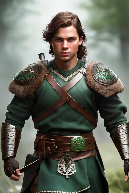 Prompt: he has short brown hair, create most handsome fictional male viking warrior, short brown hair, light green eyes, extremely detailed environment, detailed background, intricate, detailed skin, professionally color graded, photorealism, 16k, moody lighting