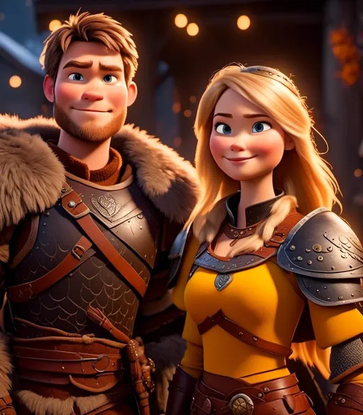 Prompt: <mymodel>CGI Animation, digital art, 20-year-old-old viking woman with light blue eyes standing with her brother and sister, yellow clothes, gold colored armor, blonde straight hair, subtle smile, unreal engine 8k octane, 3d lighting, close up camera shot on the face, full armor