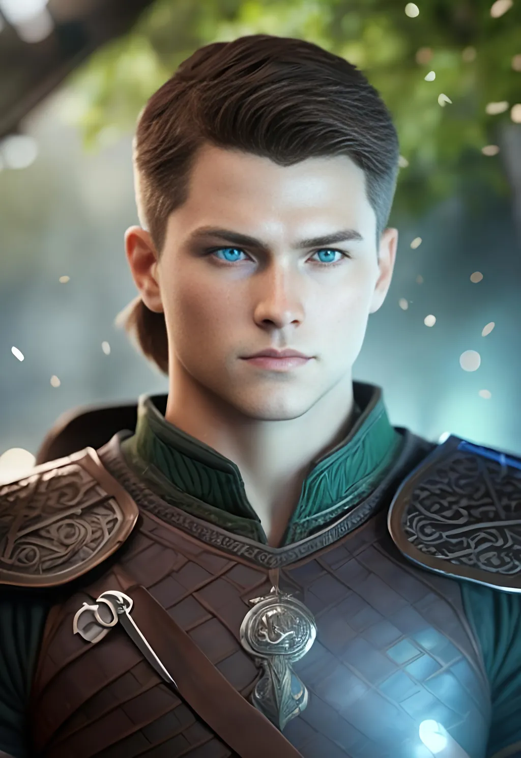 Prompt: he has short brown hair, create most handsome fictional male viking warrior, short brown hair, light green eyes, extremely detailed environment, detailed background, intricate, detailed skin, professionally color graded, photorealism, 16k, moody lighting